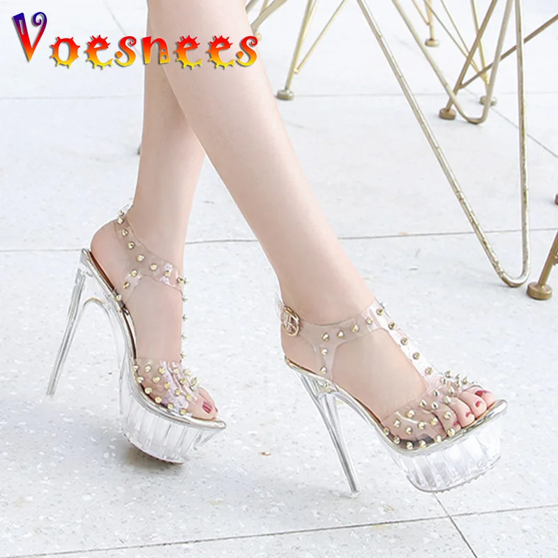 Босоножки женские из ПВХ на высоком каблуке 14 см прозрачные вечерние заклепками