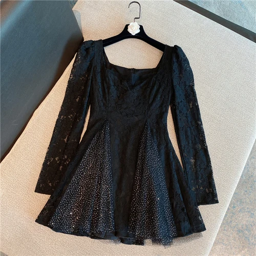 

Long Sleeve Lace Dress Woman 2021 Spring New Elegant Shiny Bronzing Mesh Stitching High Waist Mini Dresses Lady Party Vestidos