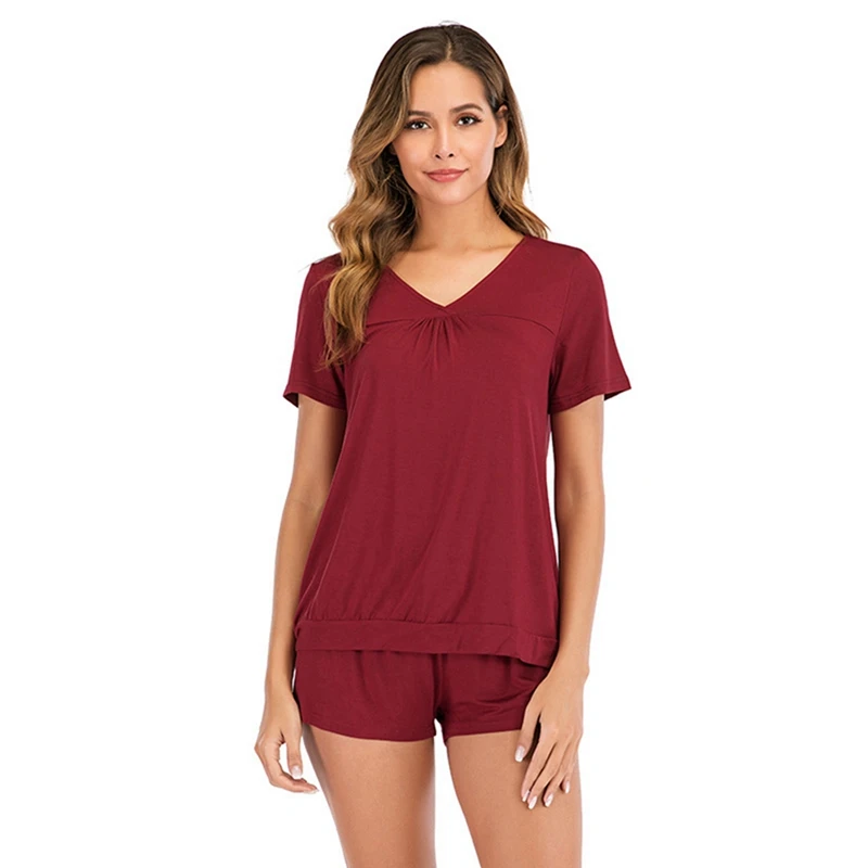 

2set Modal Home Service Pajamas Women's Suits Summer New Simple Sexy Short-Sleeved Two-Piece Lounge Set XL Black/Red