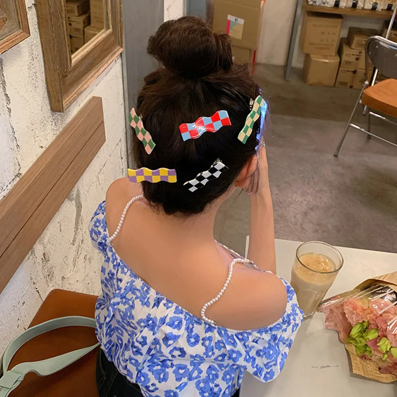 

2Pcs/Set Summer Checkerboard Acrylic Hairpin Alloy Hair Clips Barrettes Slid Clip Fashion Hair Accessories