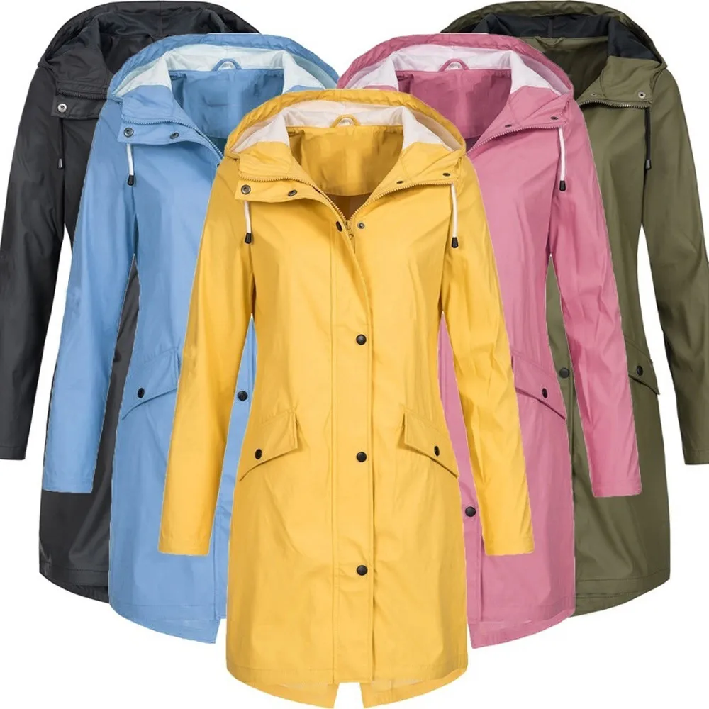 Фото Женская однотонная дождевая куртка уличная толстовка водонепроницаемое длинное