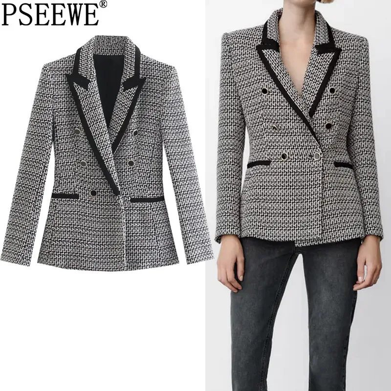 

PSEEWE Blazer Woman Piping Tweed Blazer Women Long Sleeve Fitted Coat Female Double Breasted Office Elegant Autumn Jacket