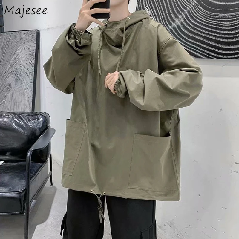 

Men with Hat Hoodies Casual All-match Large Size M-3XL Fashion High Street Stylish Pockets Sweatshirts Solid Clothing Baggy New