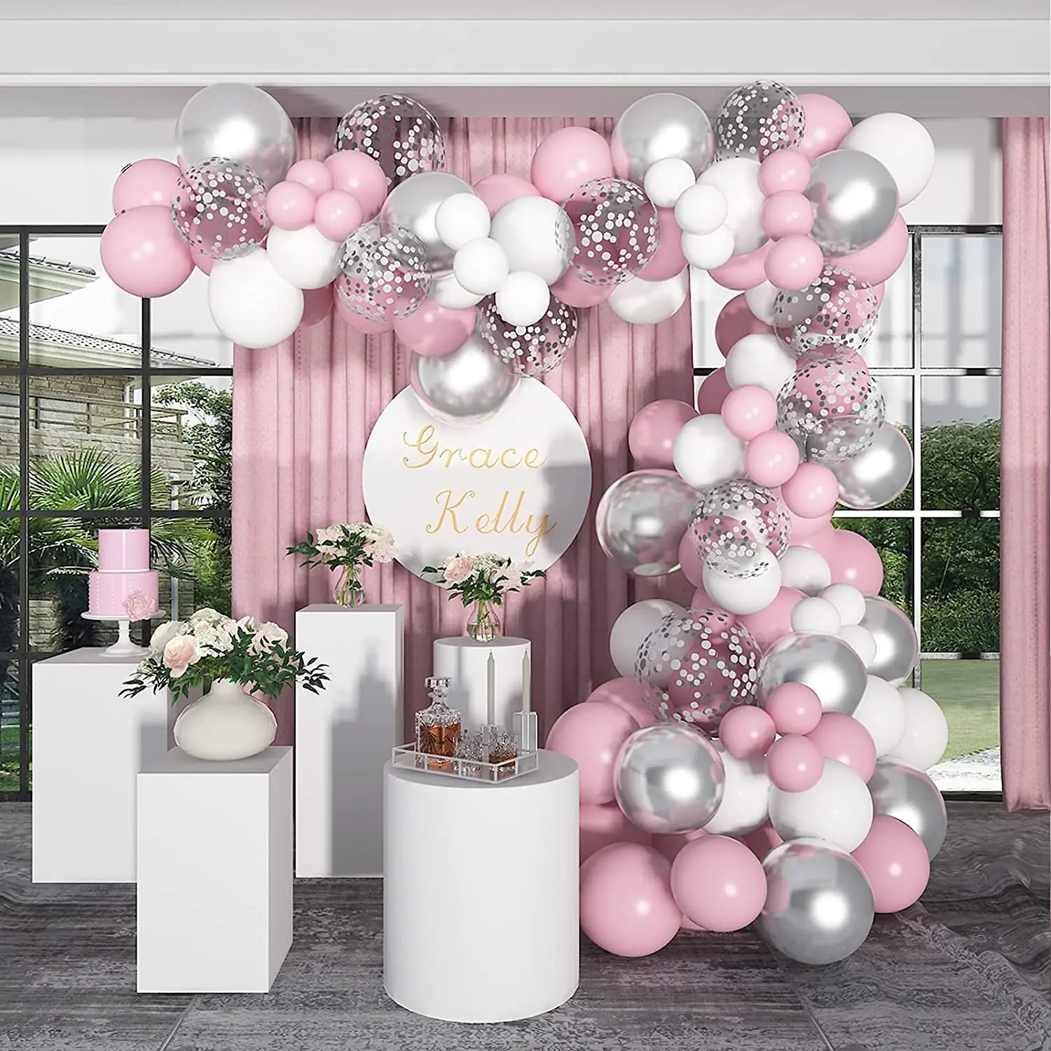 Conjunto de arco de guirnalda de globos de metal y plata para ni&ntilde;as, conjunto de arco de guirnalda de macaron rosa y blanco, adecuado para baby shower, cumplea&ntilde;os y bodas, 103 piezas-1