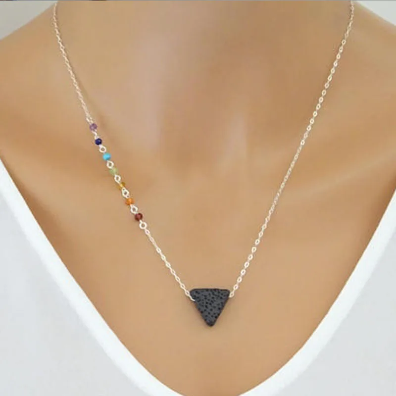 

Chakra necklace with lava stone Triangle lava rock necklace Seven chakra jewelry Essential Oil Diffuser Aromatherapy Necklace