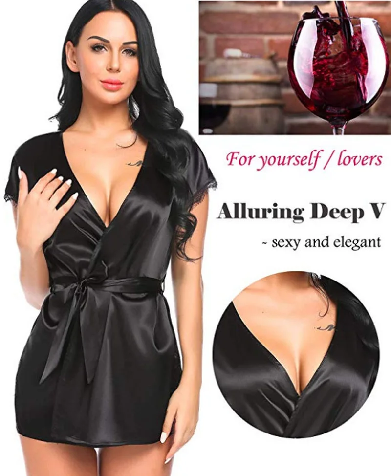 Womens Nightgown Sleepwear Sexy Lingerie Sleep Wear G-string Babydoll Lady Satin Lace Nightdres Mini Solid V Neck Bow | Тематическая