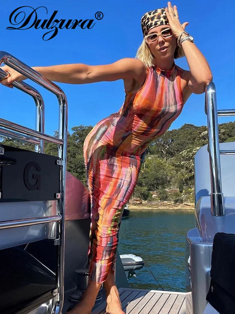 

Dulzura Tie Dye Print Women Sleeveless Mesh Midi Dress Bodycon Sexy Streetwear Party Club Festival Y2K Clothes 2022 Outfit