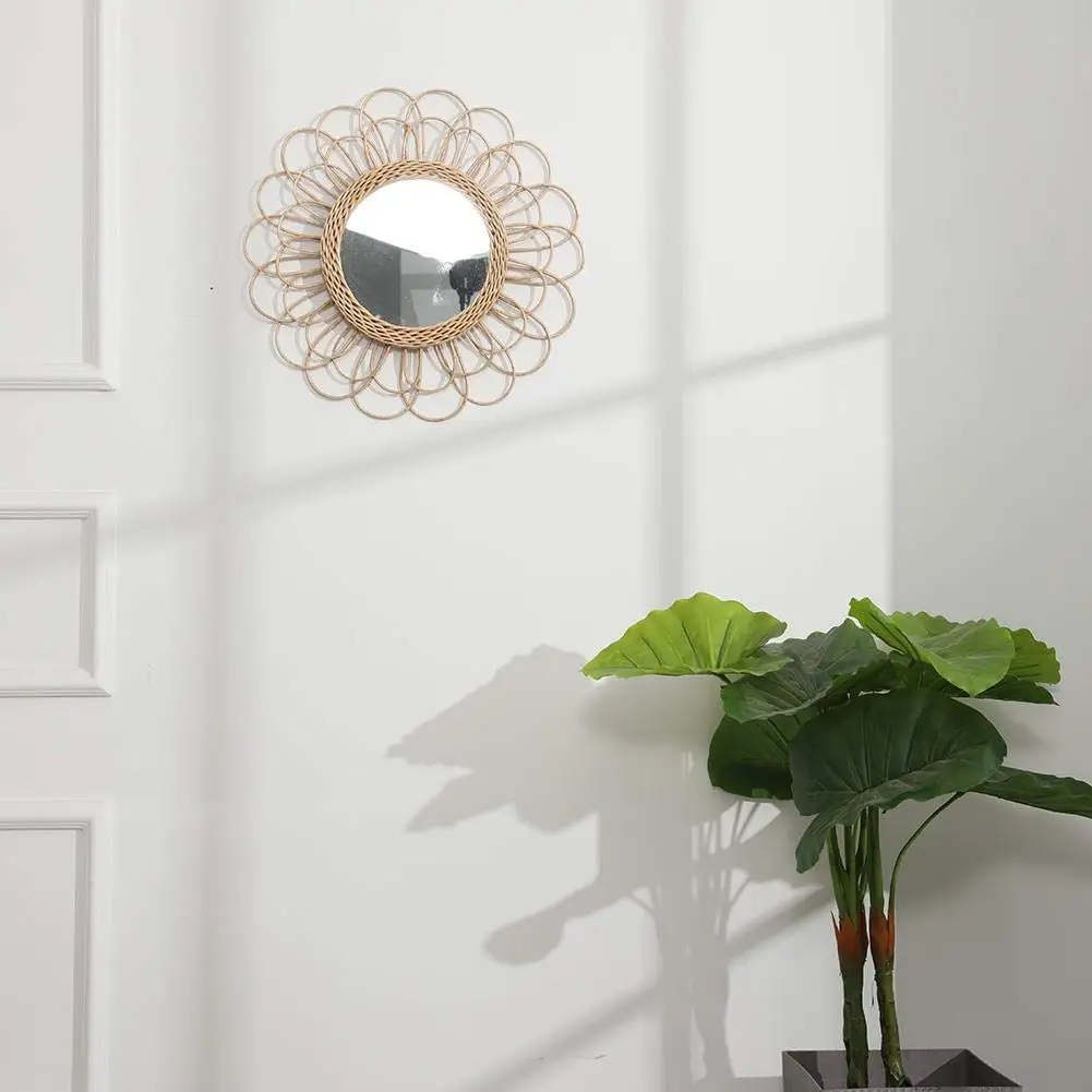 

Hanging Mirror Rattan Sunflower Circular Wall Mirror Decor Boho Wicker Dressing Makeup Mirrors L5