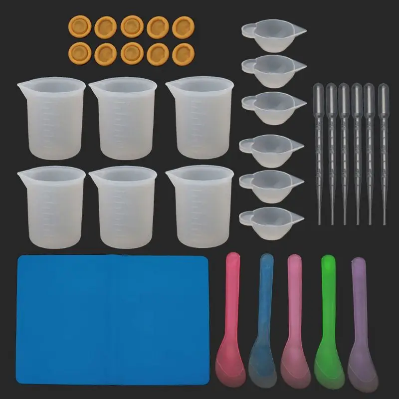 

2021 34Pc Reusable Silicone Resin Kit Nonstick Silicone Mat 100ml Measuring Cups Finger Cots Resin Mix Cup Stir Stick Pipette