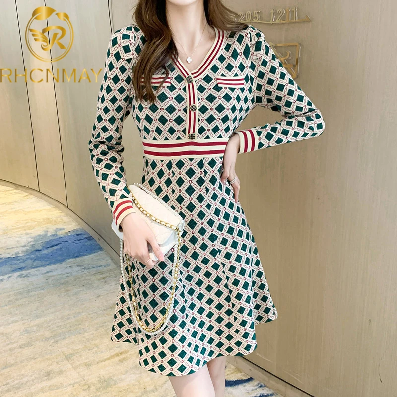 

2021 Autumn Winter Sweater Dress Women Long Sleeve Vintage Plaid Elegant Office Ladies Button Up Knitted Party Dresses Vestidos