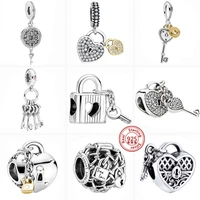 925 sterling silver openwork chain link padlock heart key lock dangle charm bead fit original pandora bracelet women diy jewelry