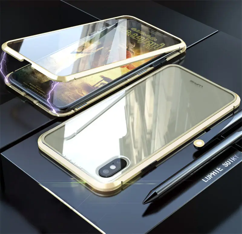 Full Gold Магнитный металлический 360 чехол для iPhone 11 7 8 Plus X 10 XS Max прозрачный стеклянный чехол для iPhone11 Pro Чехол алюминиевый бампер - Цвет: Full Gold