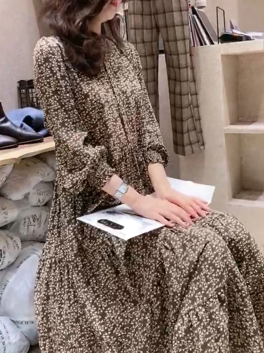

Autumn Maternity Retro Floral Dress Long Sleeve Loose Pregnant Women Chiffon Dress Plus Size Pregnancy Pleated Dress Wholesale
