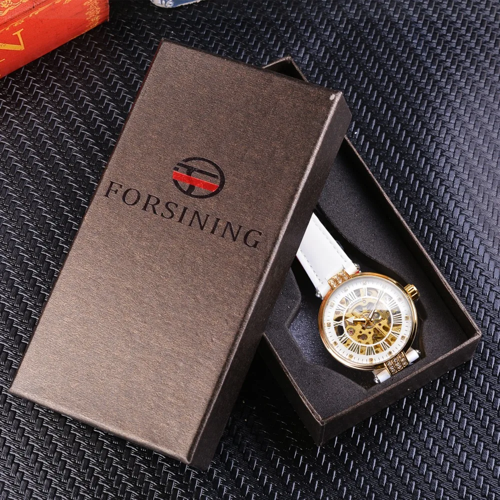

Forsining White Gold Mechanical Automatic Luxury Top Brand Lady Wrist Watch Skeleton Clock Women Leather Dress Age Girl Watches