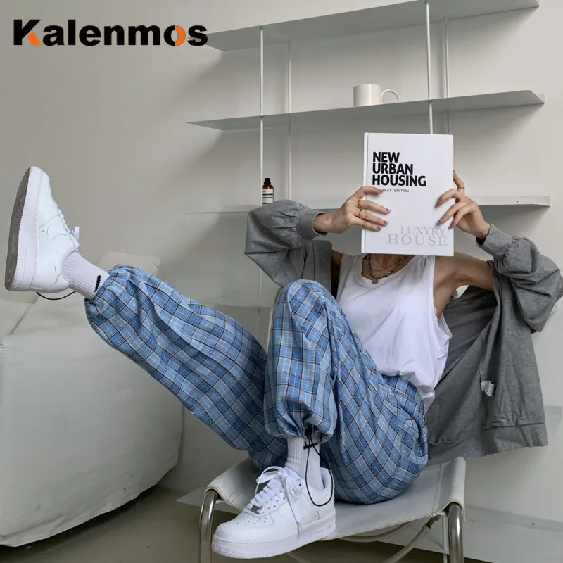 Женские брюки Харадзюку зеленые клетчатые прямые KALENMOS Осенние мешковатые с