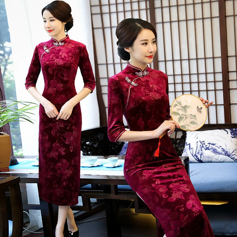 Cheongsam 2017 велюровое платье Ципао с принтом винтажное модное улучшенное осеннее