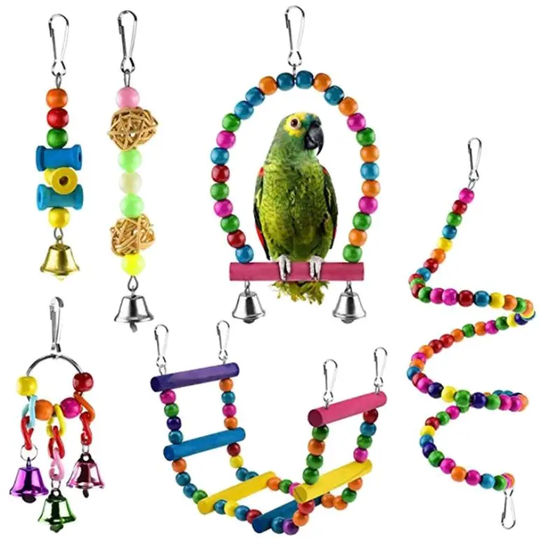 

6Pcs Colorful Bird Parrot Toy Chewing Hanging Swing Bell Conure Climbing Ladders
