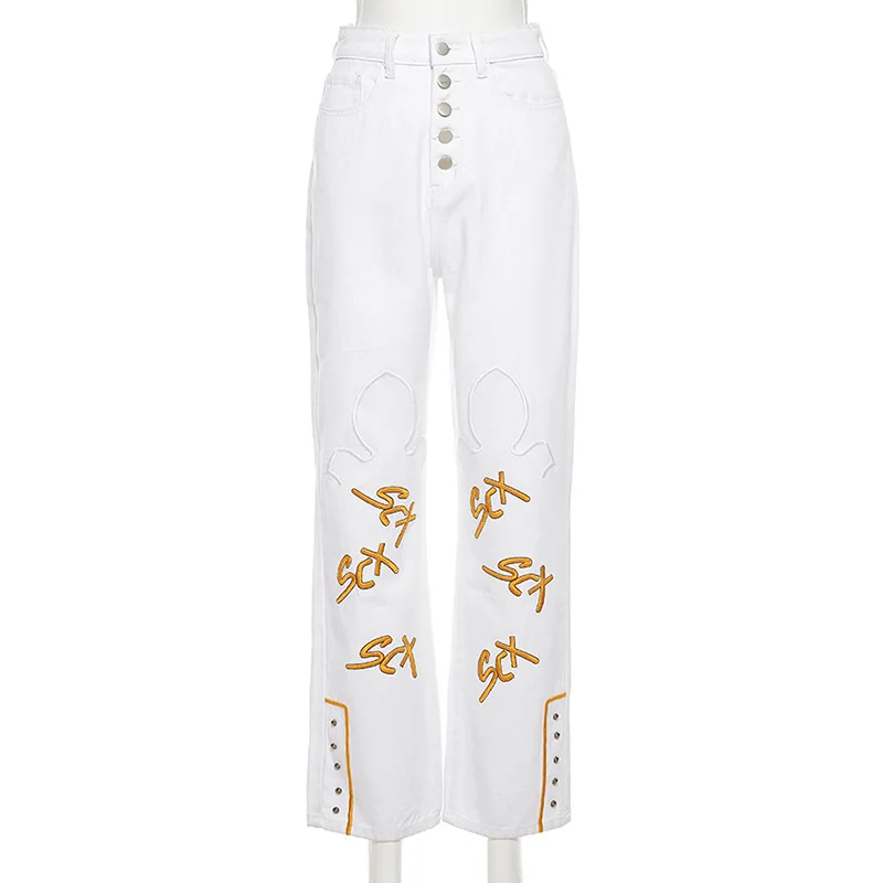 

European and American Summer Women's New Street Fashion High-waist Embroidery Straight Casual Pants