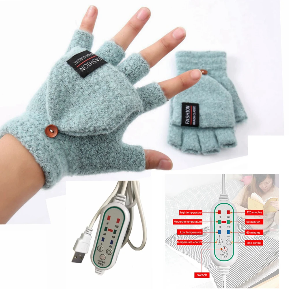 

Usb Electric Heated Gloves Unisex Outdoor Winter Warmer Mittens Half Finger Gloves Double-sided Heating Clamshell Knitted Gloves