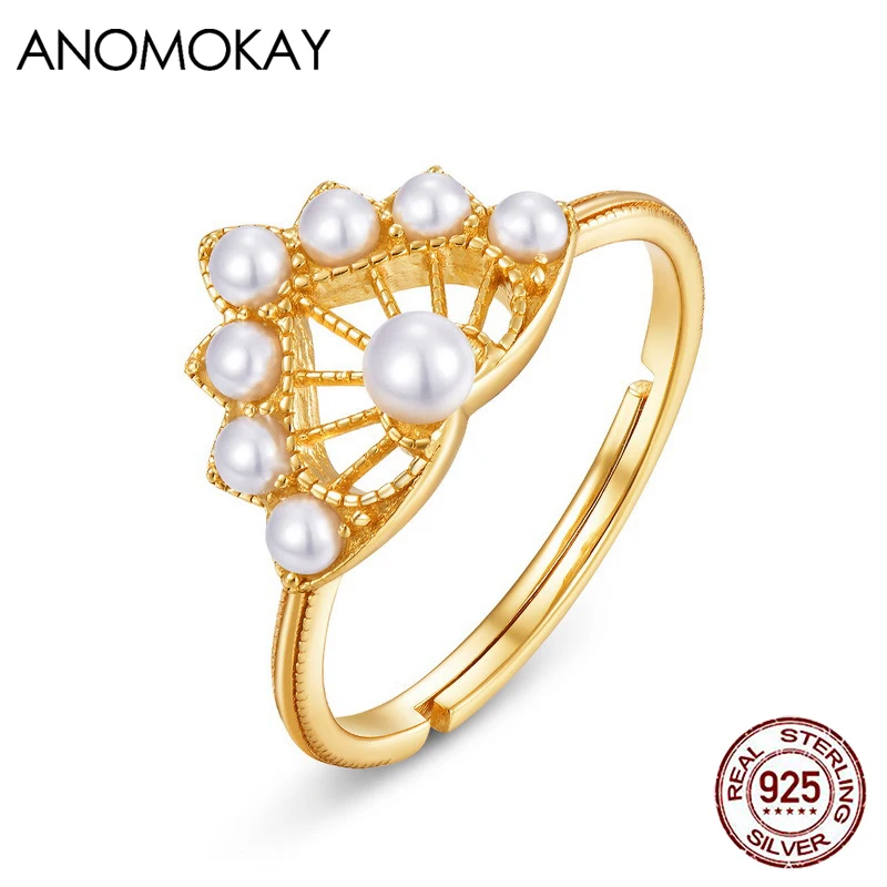 

Anomokay Vintage Openwork Heart Leaf Gold Color Adjustable Pearl Ring Jewelry Real Sterling 925 Silver Rings for Anniversary