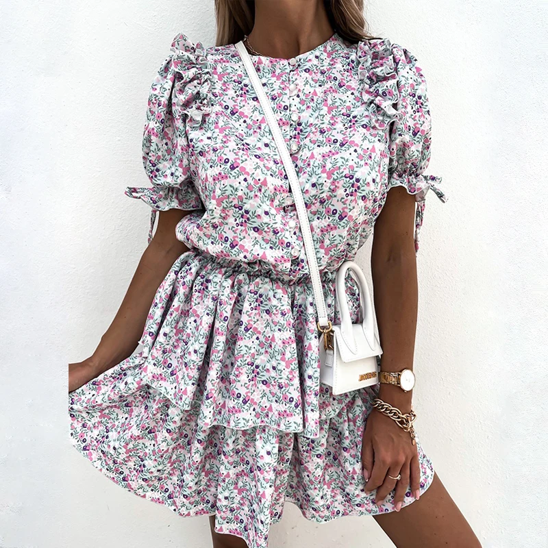 

Summer Floral Print Dress Women Cascading Ruffles Boho Sundress Short Dress Casual A Line Female Party Holiday Vestidos 2021 New