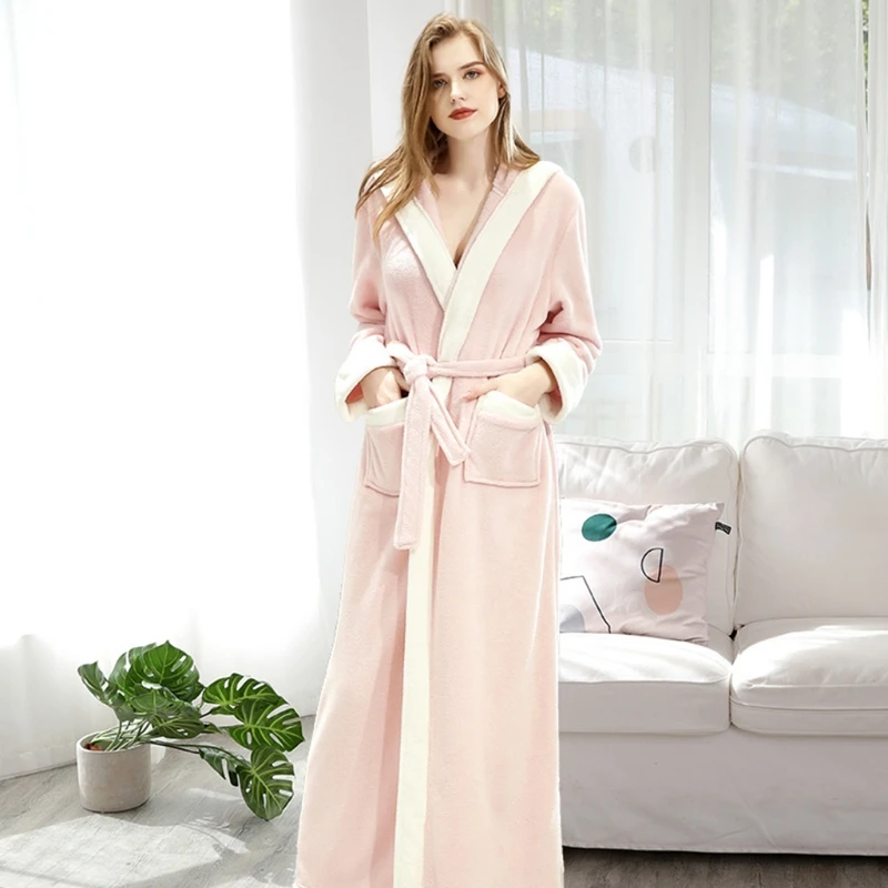 

Couple Winter Flannel Hooded Bathrobe Contrast Color Full Length Kimono Robe Thick Warm Plush Belted Nightgown Sleepwear