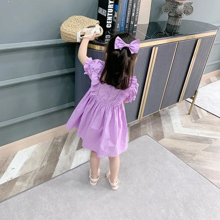 2021 Летнее Детское платье принцессы для маленьких девочек Хлопковое фиолетовое с