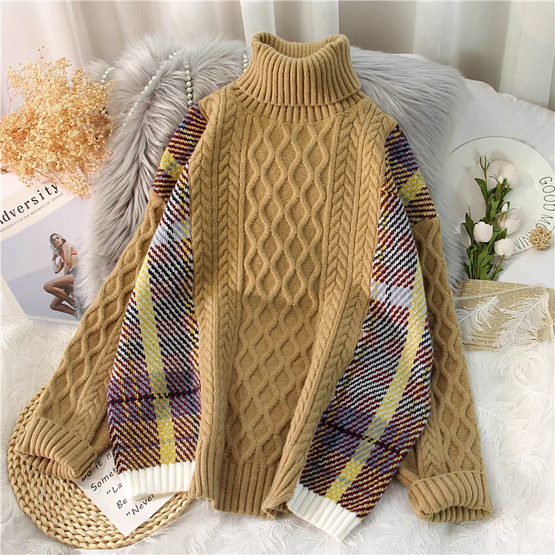 

Woman Sweaters Twist Pattern Turtleneck Pullover Splice Plaid Preppy Style Jumper Korean Fashion Thicken Winter Clothes