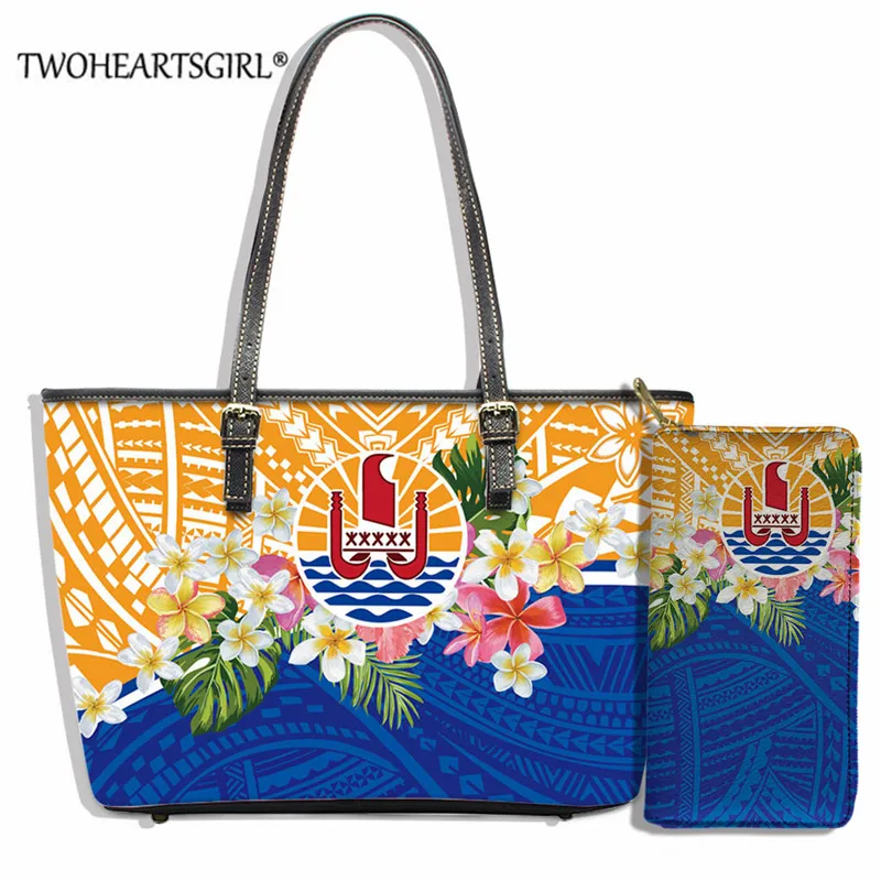 

French Polynesia Printing Zipper Shoulder Messenger Bag Sets 2pcs Samoan Style Hawaii Plumeria Handbag Purse for Lady Girls