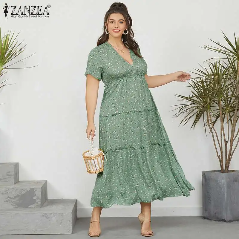 

Plus Size Bohemian Short Sleeve Sundress Women Elegant V Neck Floral Printed Ruffle Dress Vocation Party Lace Up Kaftan Female