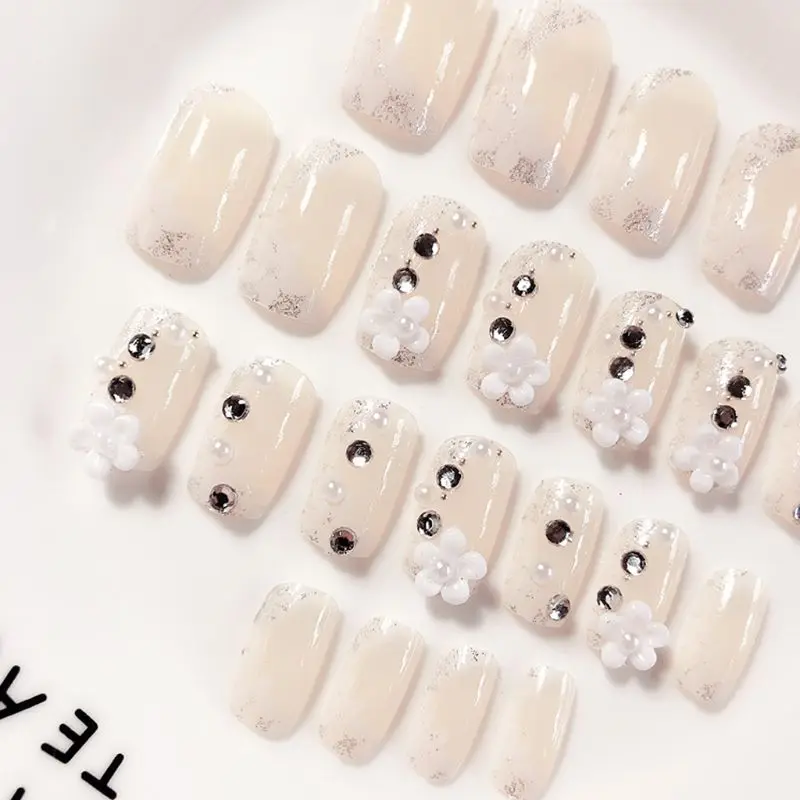 24 шт белый цветок поддельные ногти на пальцах Блестящие Свадебные Длинные