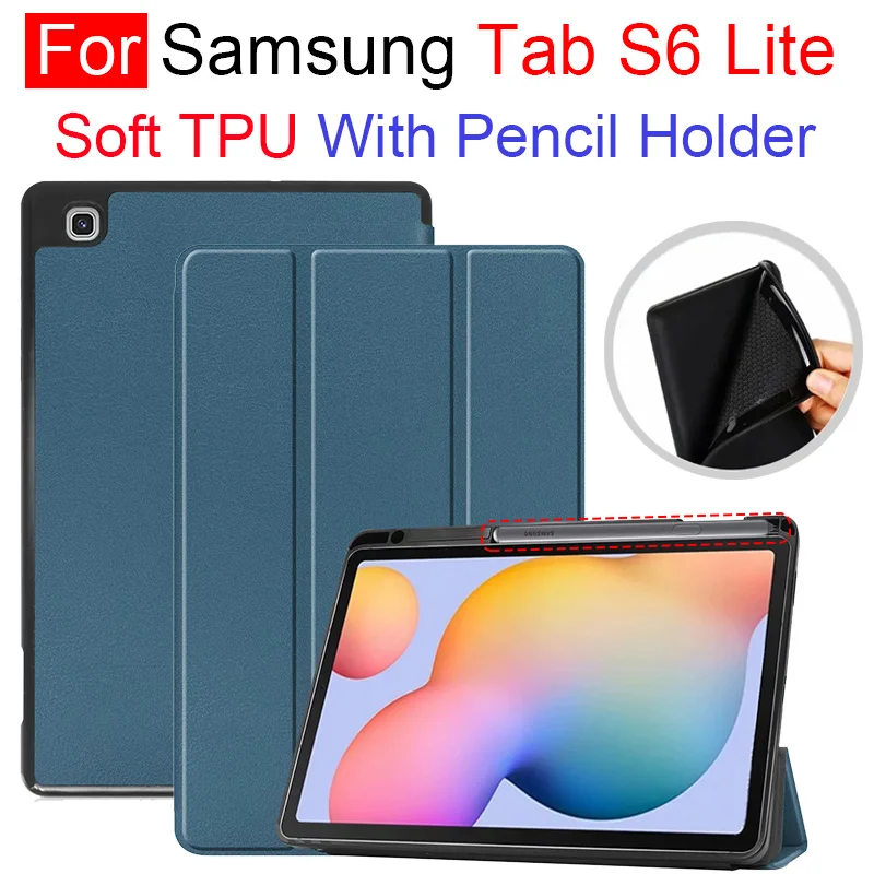 

For Samsung Galaxy Tab S6 Lite 10.4 2020 SM-P610 P615 Soft TPU Pencil Holder Case Auto Sleep Wake Adjustable Folding Stand Cover