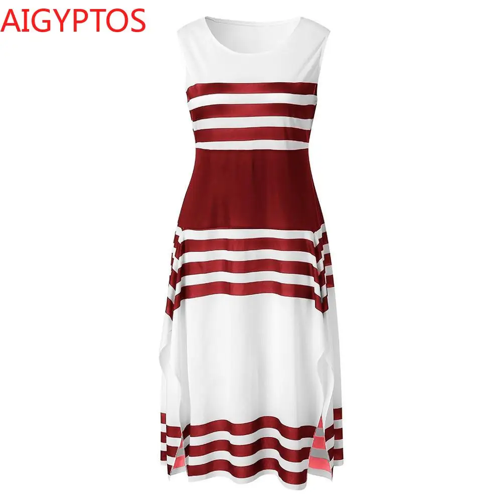 

2021 Summer Women's Dress Fashion Striped Sleeveless Round Neck Casual Dress Women's Irregular Mid-length Party Dress
