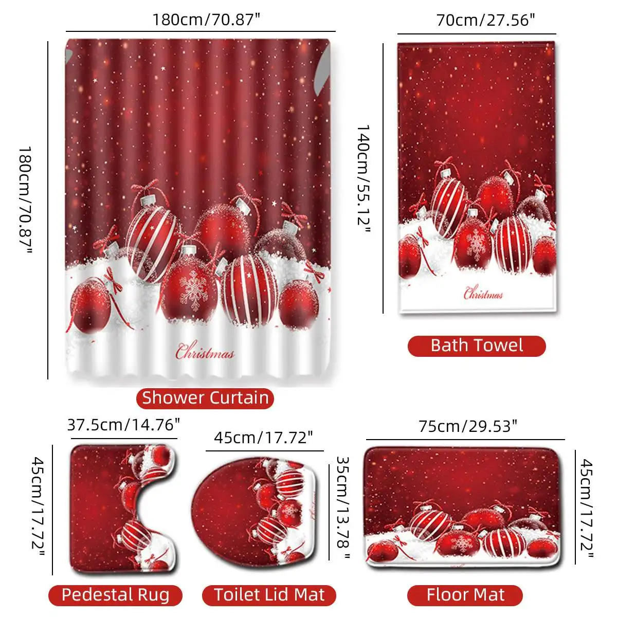 

5Pcs Merry Christmas Bathroom Set Christmas Stocking Santa Bell Pattern Waterproof Shower Curtain Toilet Cover Mat Non-Slip Rug
