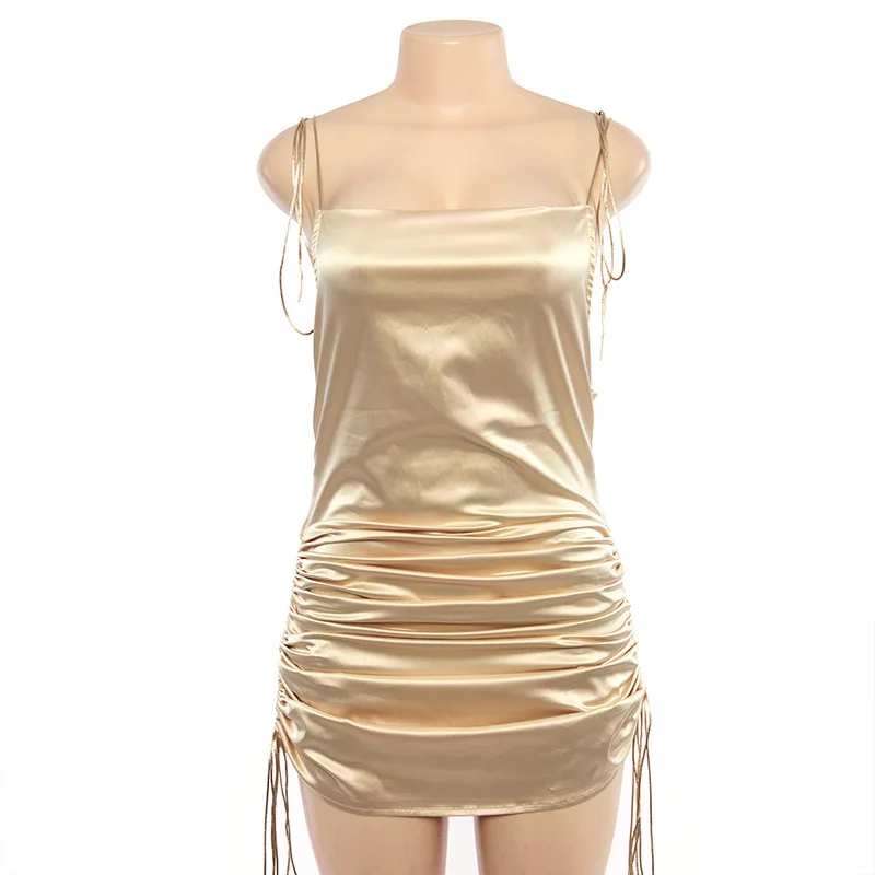 

Golden Spaghetti Strap Backless Sexy Dresses Adjustable Ladies Drawstring Ruffled Club Elegant Vestido Mujer Mini Wrap Hip Dress