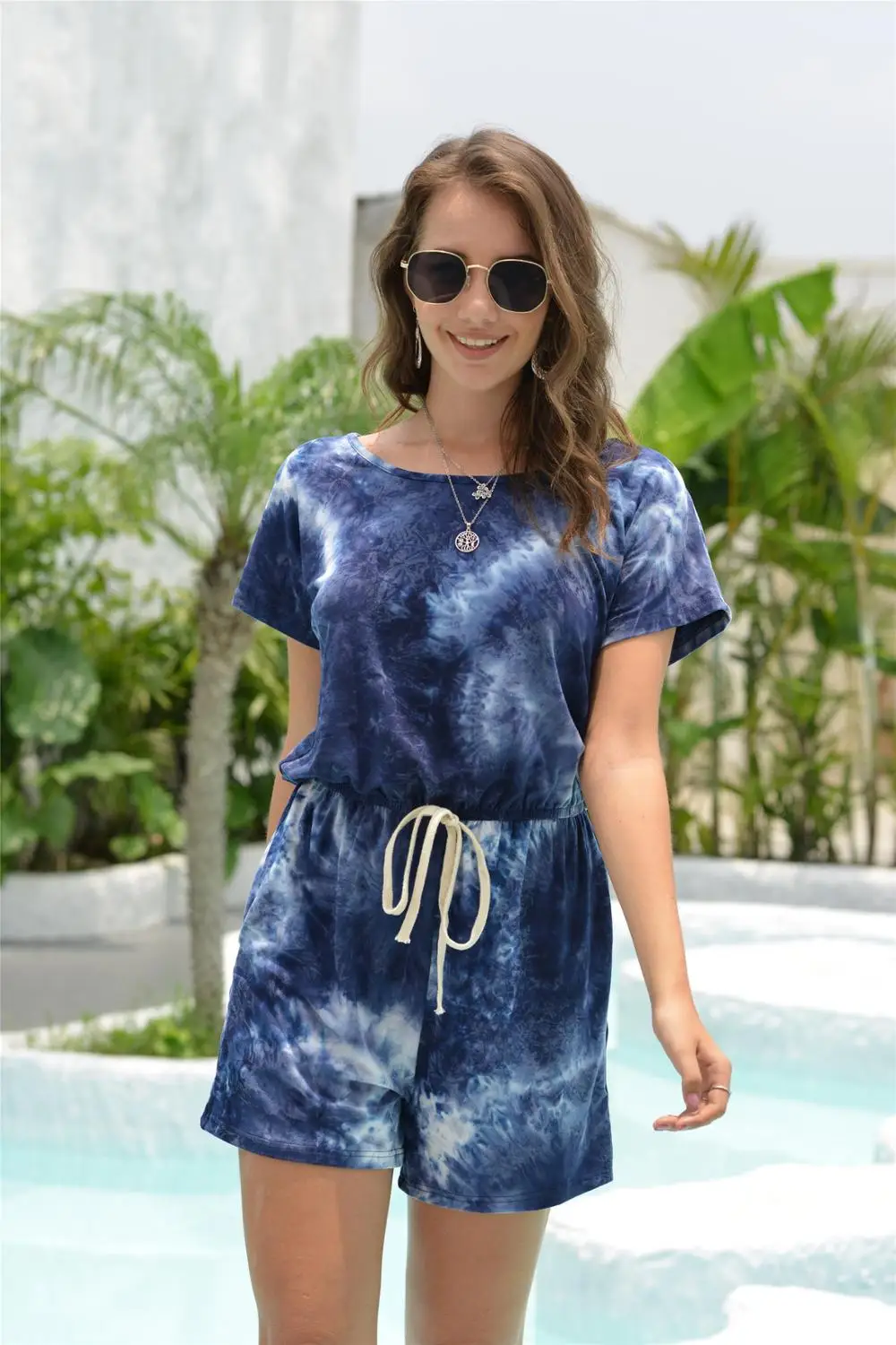 Пижама комбинезон для женщин лето короткий рукав 2020 галстук краситель Шорты сна