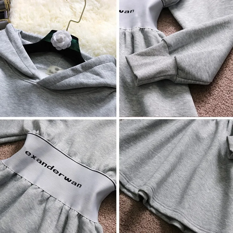 

Hooded skirt 2021 spring and autumn new temperament lantern sleeves waist and velvet letters sweater dress women