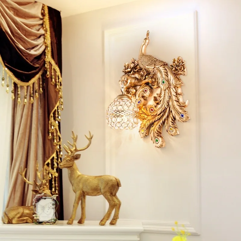 

Modern Vintage Peacock Crystal Lampshade Led Wall Lamp Luxury Bedroom Wall Light Living Dining Room Indoor Decorate Wall Sconce