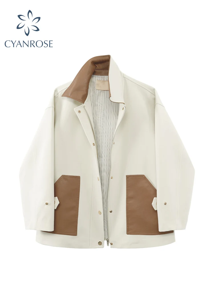 

Spring Women's Vintage PU Patchwork Short Jacket Trendy Streetwear Loose Casual Single Breasted Coats Long Sleeve Lapel Outwear