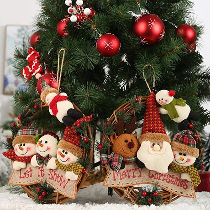 

2PCS Christmas Rattan Wreath Christmas Dolls Door Decor Pendant Front Garland Christmas Holiday Decoration