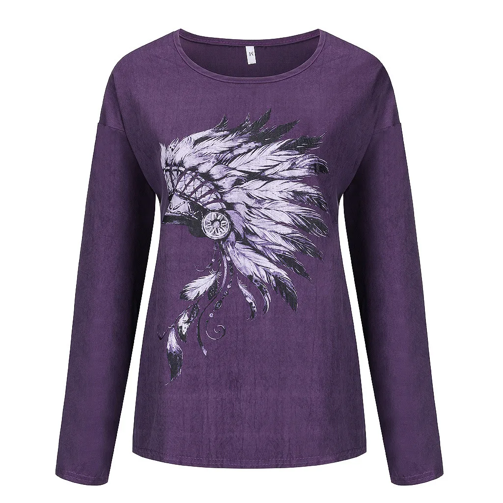 

Women Fashion O-neck Pullover Casual Loose Printed Long Sleeve Tops Blouse 5xl