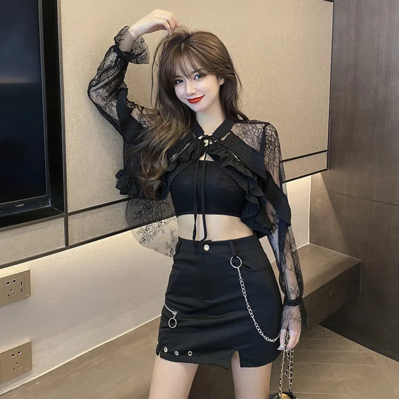 

Black Sexy Ruffle Short Blouses High Waist Lace Hollow Women Tops Sexy Blusas Female Long Sleeve Office Shirts Outerwear TA4952
