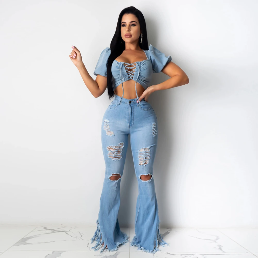Women's Flare Jeans Fashion Ripped Denim Pants High Waist Shredded Hole Trouser Vintage Boot Cut Jean Pants Vaqueros Mujer 2021