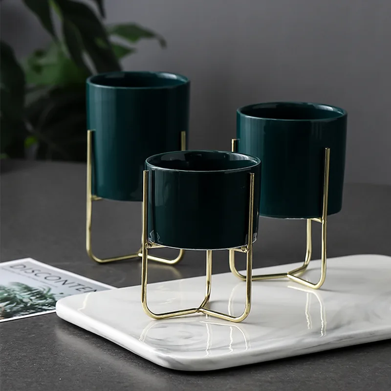 Набор из 3 керамических цветочных горшков с металлической стойкой настольный