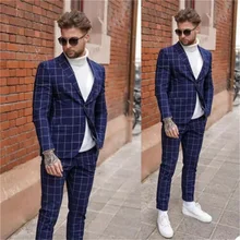 Azul marinho ternos masculinos formal magro ajuste feito sob encomenda xadrez blazer gtoomsmen moda rua wear festa de formatura casual 2 peças conjuntos terno (3)