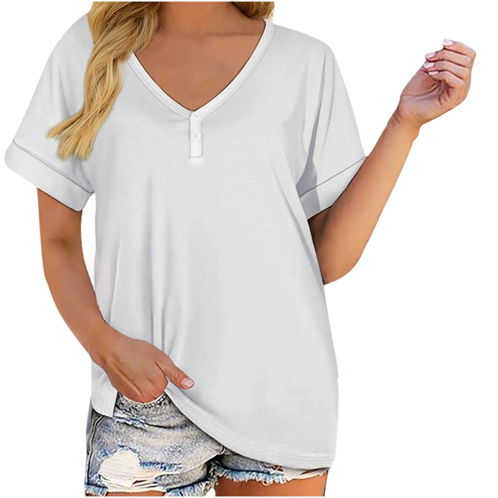 

Женская Повседневная летняя Однотонная футболка с кружевом, с коротким рукавом и V-образным вырезом, большие размеры, плиссированная, Женск...