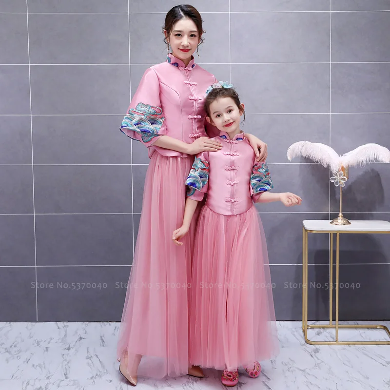 Китайское традиционное платье Тан для матери дочери и девочек вышитый Чонсам
