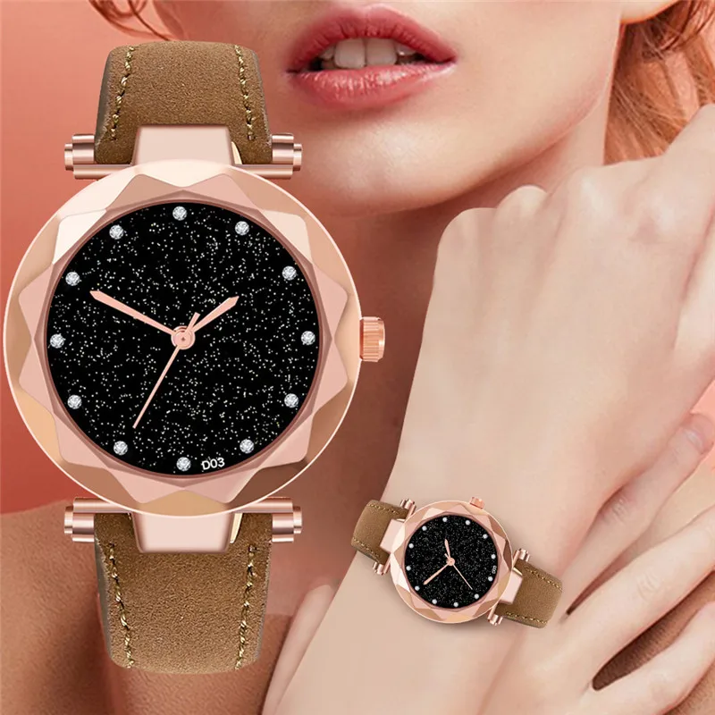 Simple Casual Ladies Watch Matte Leather Diamond Wrist Starry Sky Dial Retro Women creative Fashion Clock relogio feminino | Наручные