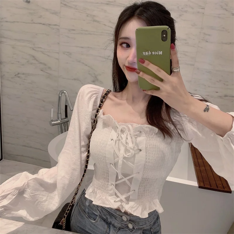 

Shirts Women Square Collar Bandage Sexy Korean Style Chic Leisure New Arrival Vintage Streetwear Womens Daily Fashion New