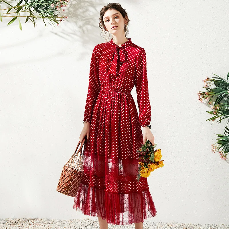 Весеннее винтажное шифоновое платье в красный горошек с длинным рукавом женское